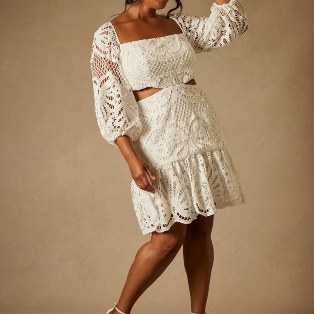 Eloquii White Crochet Long Sleeve Cutout Mini Dress